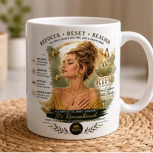 May include: A white ceramic mug featuring a graphic print of a person with hair in a bun, surrounded by butterflies and lotus imagery. The text includes "REFOCUS • RESET • REALIGN", "RTFM THE MOVEMENT", "CLARITY IS NOT FOUND. It's Remembered."