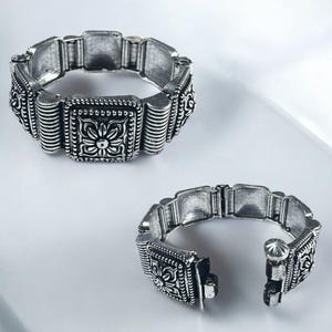 Oxidized Silver Floral Bangle: Adjustable Boho Indian Bracelet