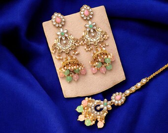 PinkPista Green Kundan Jhumka Set / Boda india Maang Tikka Joyería /Pendiente étnico Kundan Jhumka/Noor-e-Falak Kundan Set- Reliquia real