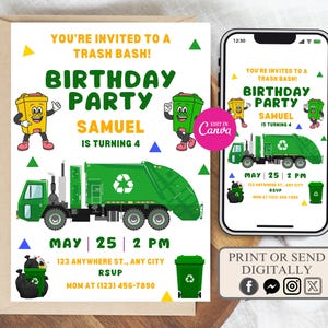 Editable Trash Truck Birthday Invitation: Digital Party Invite (Canva Template)