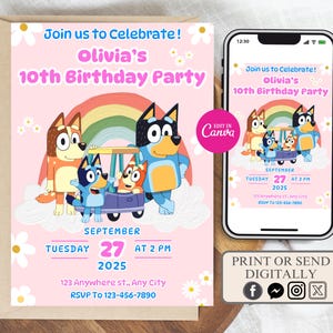 Bluey Birthday Invitation, Blue Dog Boys Girls birthday invitation, Bluey Birthday Party Invite, pink bluey dog birthday party invite