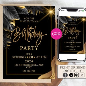Digital Tropical Monstera Leaf Birthday Party Invitation, Editable Green Birthday Invitation Template, tropical leaf birthday invitation