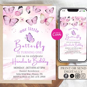 Butterfly Birthday Invitation, Girl Butterfly Party, Purple Butterfly Birthday Invite, First Birthday Invitation, Gold Butterflies Decor