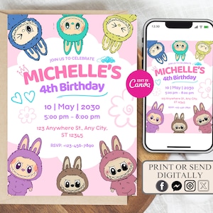 Editable Labubu invitation, Labubu theme birthday invite, labubu monster invite, girl theme labubu birthday invite, Labubu Birthday Party