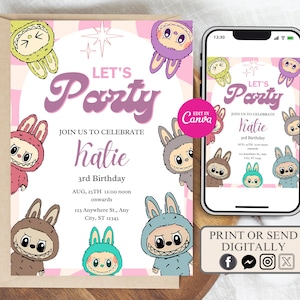 Labubu Birthday Party Invitation, Labubu Birthday Party, labubu birthday card, trendy monster character invite, kid Doll birthday invitation