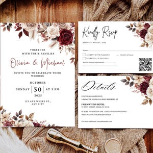 Blush Pink BURGUNDY Wedding Invitation set, Elegant Floral Invite Set, Fall Wedding Invites, Burgundy Wedding Invite, floral burgundy party