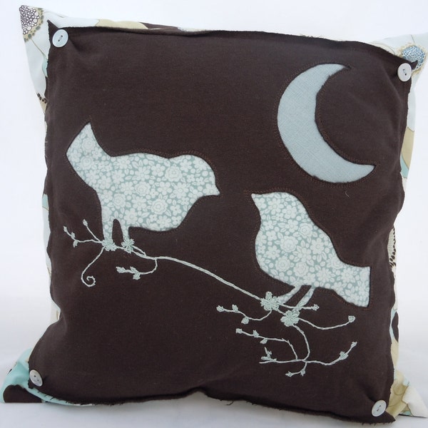 Birds Under The  Moon Pillow Brown and Aqua