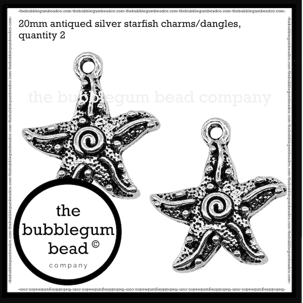 20mm-ANTIQUED SILVER STARFISH Charm, Qty 2, Starfish Earring Dangle, Whimsical Charm, Ocean Theme Jewelry Charm, The Bubblegum Bead Company