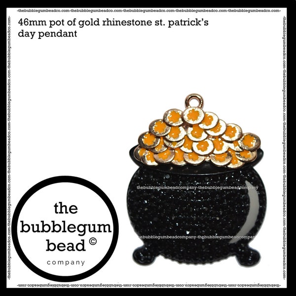 46mm-POT OF GOLD St. Patricks Rhinestone & Enamel Necklace Pendant, The Bubblegum Bead Company