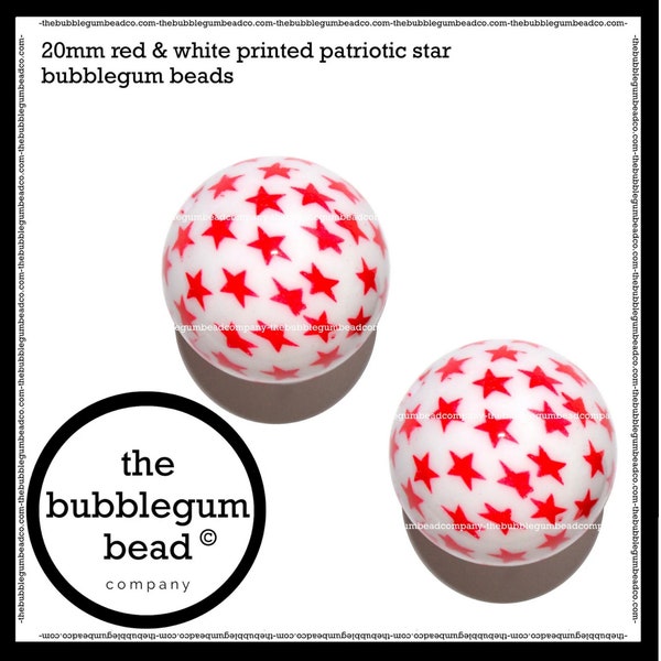 20mm-RED & WHITE STAR Patriotic Chunky Bead, 4th of July Gumball Bead, Acrylic Bead, Red Star Beads, Jewelry Supply, The Bubblegum Bead Co.