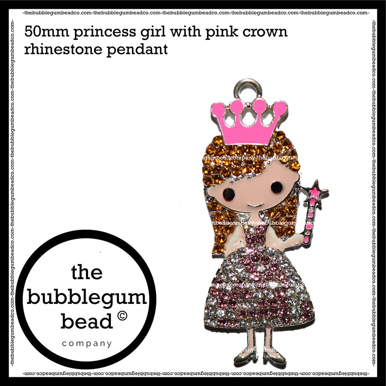 The Bubblegum Bead Co. Chunky Necklace Pendant Princess Gumball Necklace Pendant 50mm-PRINCESS GIRL RHINESTONE Bubblegum Necklace Pendant