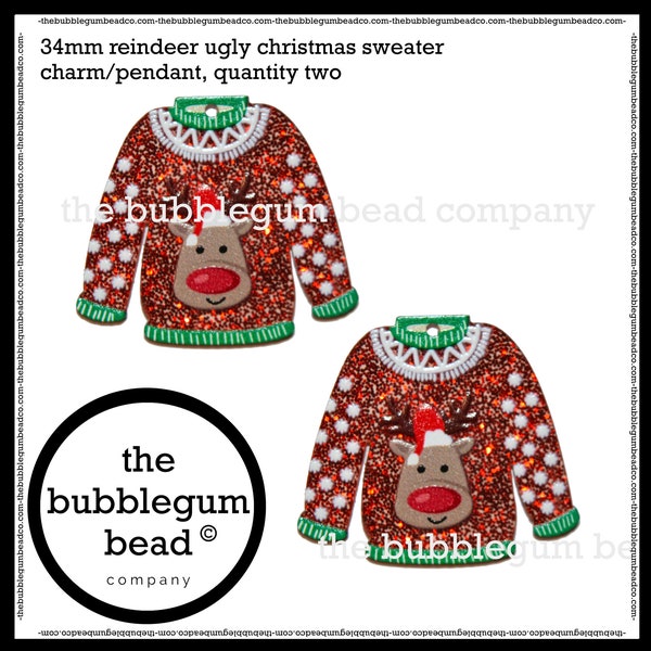 34mm-CHRISTMAS UGLY SWEATER Reindeer Charm/Pendant, Quantity 2, The Bubblegum Bead Company