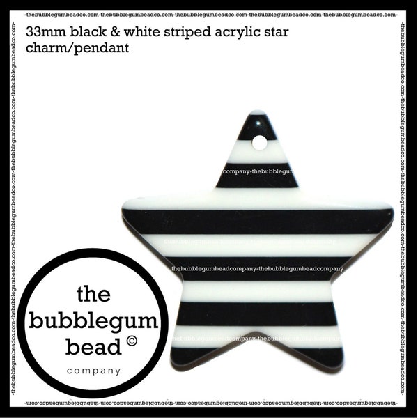33mm-BLACK & WHITE STRIPED Star Bubblegum Necklace Pendant, Gumball Necklace Pendant, Chunky Necklace Pendant, The Bubblegum Bead Company