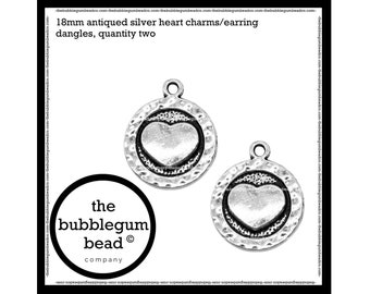 18mm-SILVER HAMMERED HEART Charm, Qty. 2, Silver Heart Charm, Valentine's Heart Charm, Earring Dangle Silver Heart, The Bubblegum Bead Co.