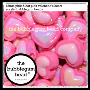 18mm-PINK & HOT PINK Valentine's Heart Acrylic Beads, The Bubblegum Bead Company