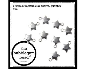 17mm-SILVERTONE SILVER STAR Charms, Quantity 5, The Bubblegum Bead Co