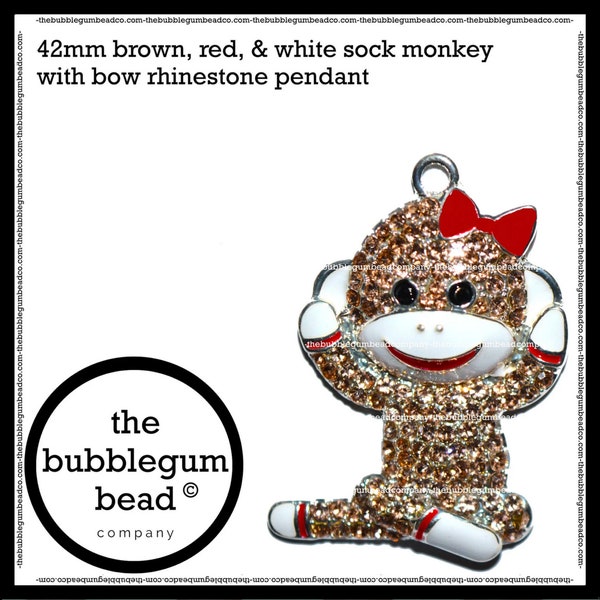 42mm-RED & BROWN SOCK Monkey Rhinestone Bubblegum Necklace Pendant, The Bubblegum Bead Company