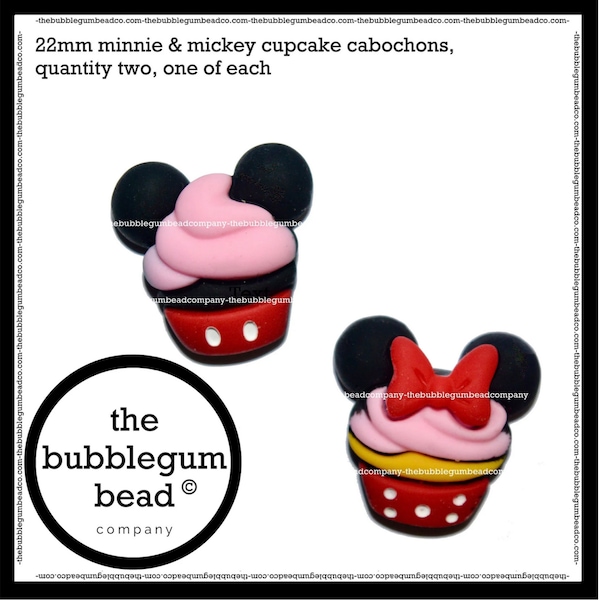 22mm-MICKEY/MINNIE CUPCAKE Cabochons, Qty 2, Flatback Charms for Slime, Jewelry Making, Diy Craft Supplies, Decoden-The Bubblegum Bead Co.