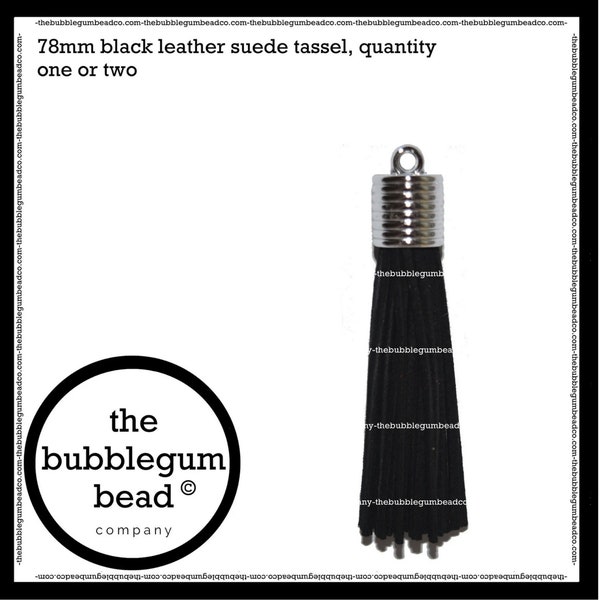 78mm-LEATHER/SUEDE TASSEL, Faux Leather Black Tassel with Silver Cap