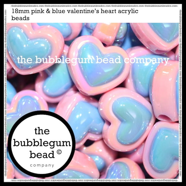 18mm-PINK & BLUE VALENTINE'S Heart Acrylic Beads, The Bubblegum Bead Company