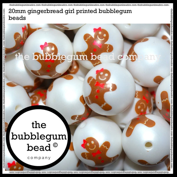 20mm-GINGERBREAD GIRL CHRISTMAS Printed Bubblegum Beads, The Bubblegum Bead Company