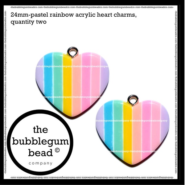 24mm-STRIPED PASTEL HEART Charm, Qty 2, Bubblegum Charm, Valentines Charm, Chunky Necklace Pendant, Love Theme Charm, The Bubblegum Bead Co.