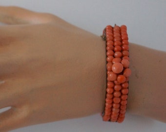 Antique Victorian Coral Hinged Bracelet. Antique Coral Bangle Late 1800's Coral Bead Bracelet