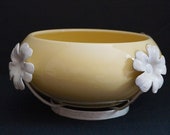 Mid Century Modern Planter Bowl with Tole Metal Flower Stand. USA Pottery Glossy Yellow with White Floral Metal Stand Holder. Retro Planter