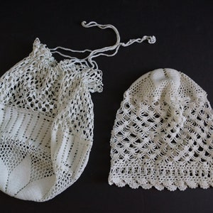 Handmade Vintage Crochet Cap and Reticule Purse. Antique Filet Crochet Nightcap Boudoir Crochet Cap and Matching Purse