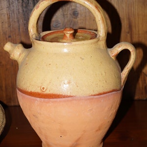 Decorative French Antique Cruche, Terracotta Water Jug. French Terracotta Yellow Glazed Water Pitcher Pot with Handles, French Country Decor