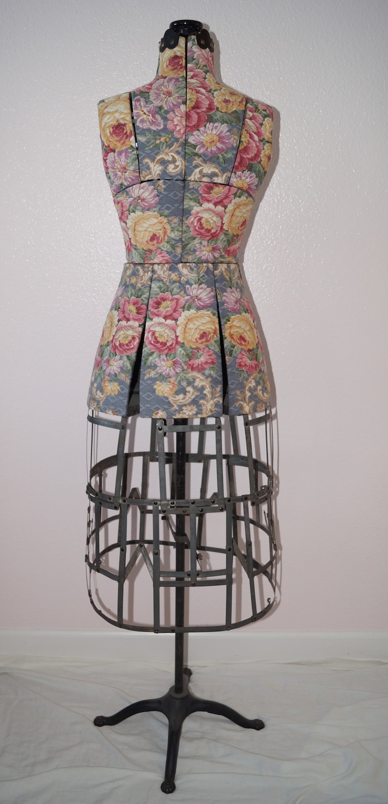 Antique Dress Form. Adjustable Dress Form Mannequin. 1900s Dressmakers Form Cage Skirt. Antique Cabbage Roses Barkcloth Sewing Mannequin image 10