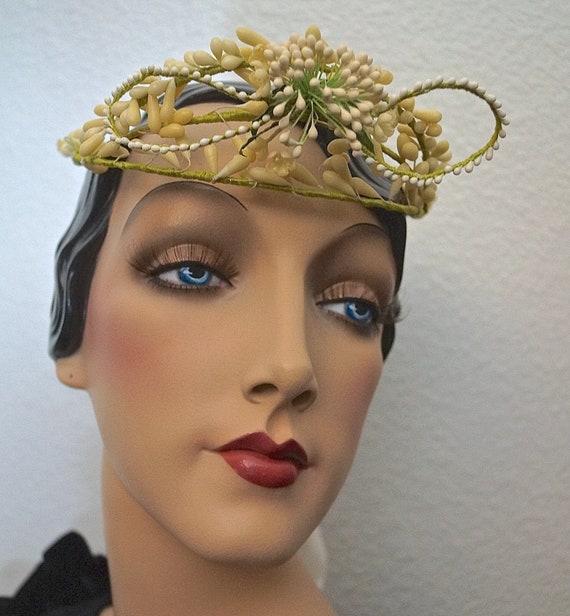 French Antique Bridal Crown Wax Flower Tiara. Anti