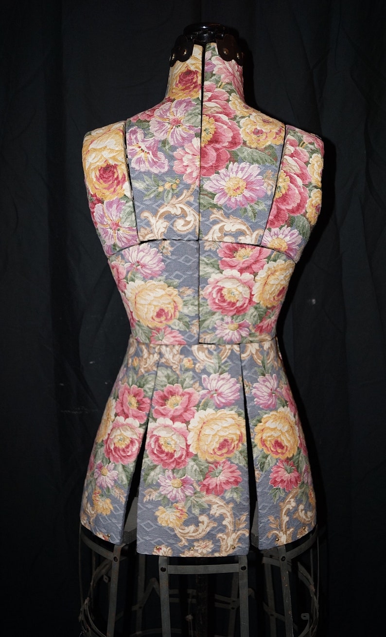 Antique Dress Form. Adjustable Dress Form Mannequin. 1900s Dressmakers Form Cage Skirt. Antique Cabbage Roses Barkcloth Sewing Mannequin image 4