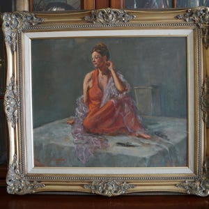 Framed Oil Portrait Lady with Shawl on Table Painting. Artist Signed Vintage Oil Painting on Canvas 1970s. Female Oil Portrait 31x28&quot; Framed