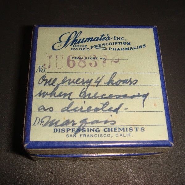 1940s Vintage Prescription Pill Box Shumate's Pharmacy San Francisco