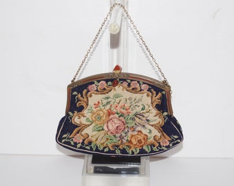 Antique Needlepoint Petit Point Tapestry Evening Bag. Petit Point Embroidered Purse Hand Bag, Carnelian Clasp