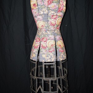 Antique Dress Form. Adjustable Dress Form Mannequin. 1900s Dressmakers Form Cage Skirt. Antique Cabbage Roses Barkcloth Sewing Mannequin image 3