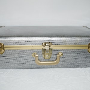Vintage Metal Suitcase, Antique Metal Suitcase Distressed Gray Pattern Metal Luggage Faux Wood Interior - Mid Century Storage Display or Use