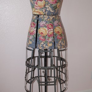 Antique Dress Form. Adjustable Dress Form Mannequin. 1900s Dressmakers Form Cage Skirt. Antique Cabbage Roses Barkcloth Sewing Mannequin image 9