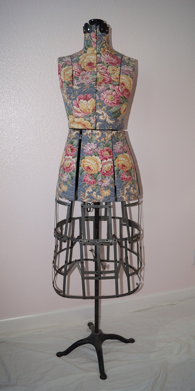 Antique Dress Form. Adjustable Dress Form Mannequin. 1900s Dressmakers Form Cage Skirt. Antique Cabbage Roses Barkcloth Sewing Mannequin image 9