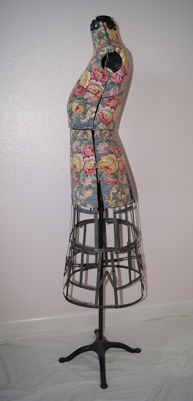 Antique Dress Form. Adjustable Dress Form Mannequin. 1900s Dressmakers Form Cage Skirt. Antique Cabbage Roses Barkcloth Sewing Mannequin image 8