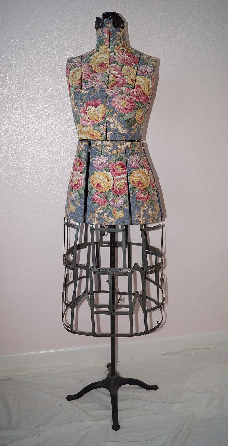 Antique Dress Form. Adjustable Dress Form Mannequin. 1900s Dressmakers Form Cage Skirt. Antique Cabbage Roses Barkcloth Sewing Mannequin image 7