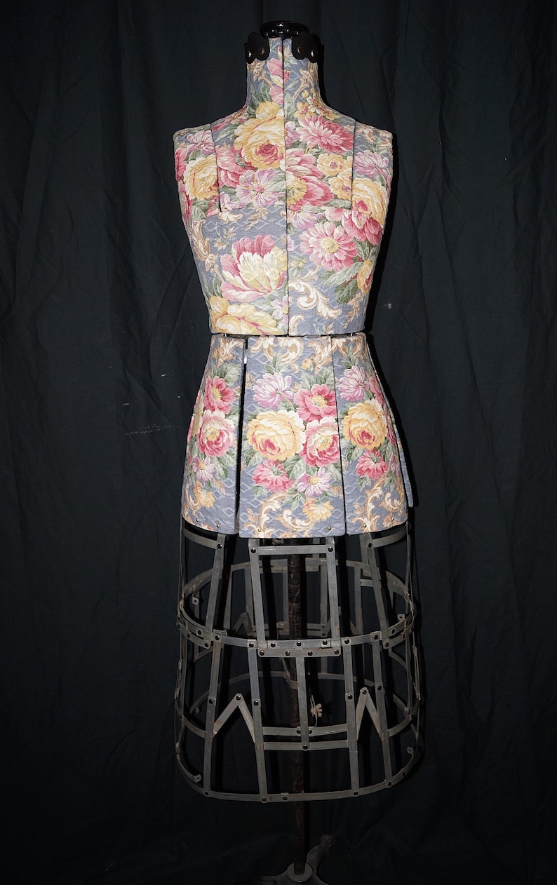 Antique Dress Form. Adjustable Dress Form Mannequin. 1900s Dressmakers Form Cage Skirt. Antique Cabbage Roses Barkcloth Sewing Mannequin image 1