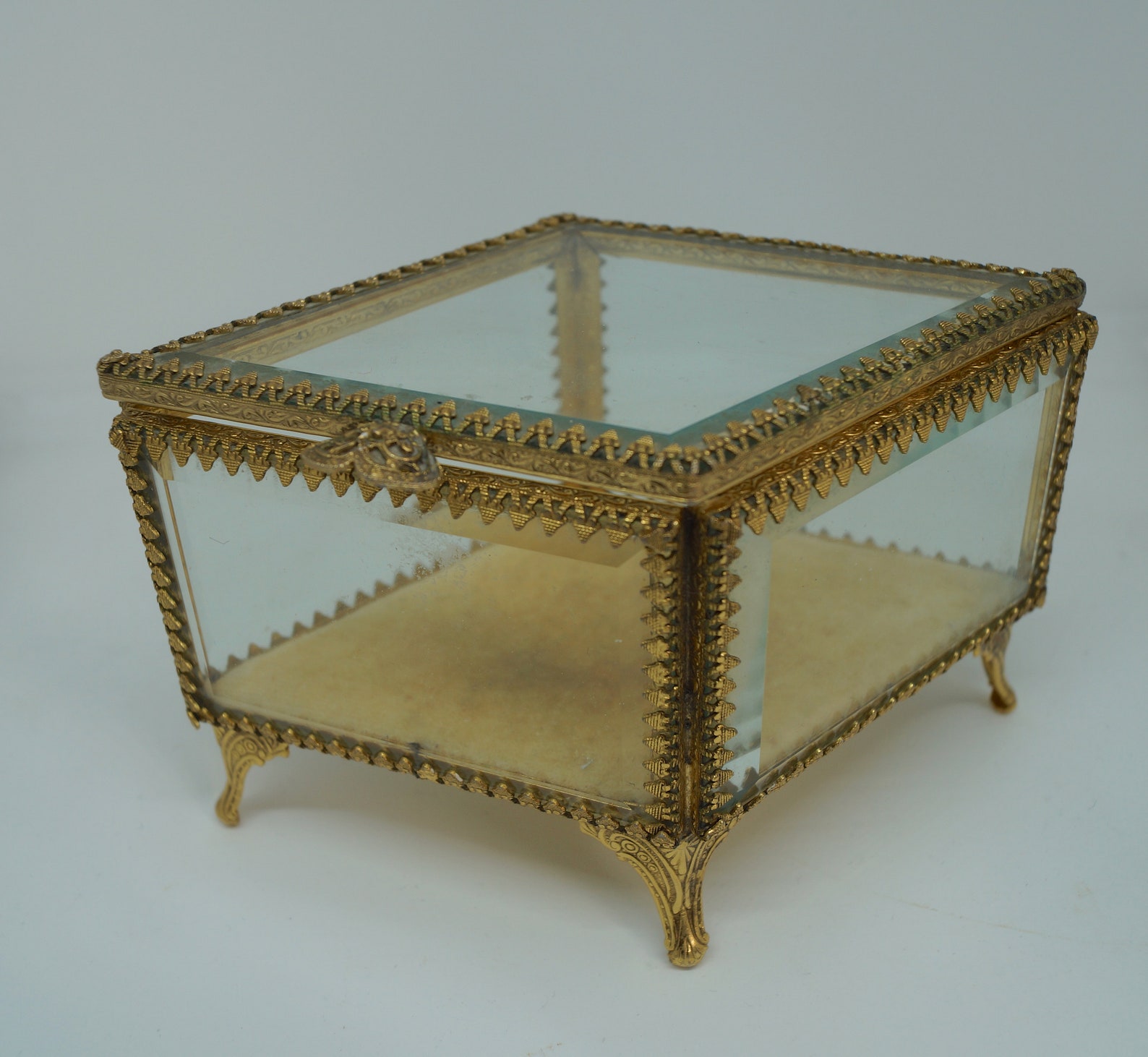 Vintage Jewelry Box. Stylebuilt Gold Ormolu Jewelry Casket. Unusual Diamond Shape Gold Ormolu