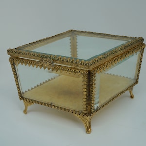 Vintage Jewelry Box. Stylebuilt Gold Ormolu Jewelry Casket. Unusual Diamond Shape Gold Ormolu and Beveled Glass Jewelry Box, Vanity Decor