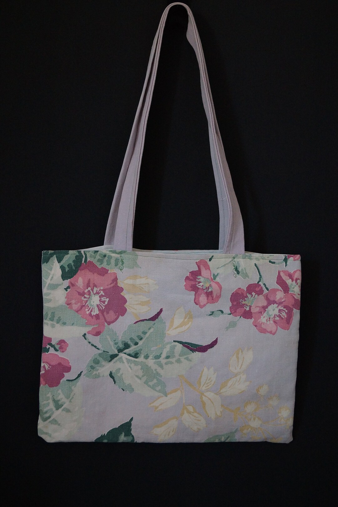 Vintage Handmade Fabric Tote Bag. Tropical Floral Cotton Canvas Tote
