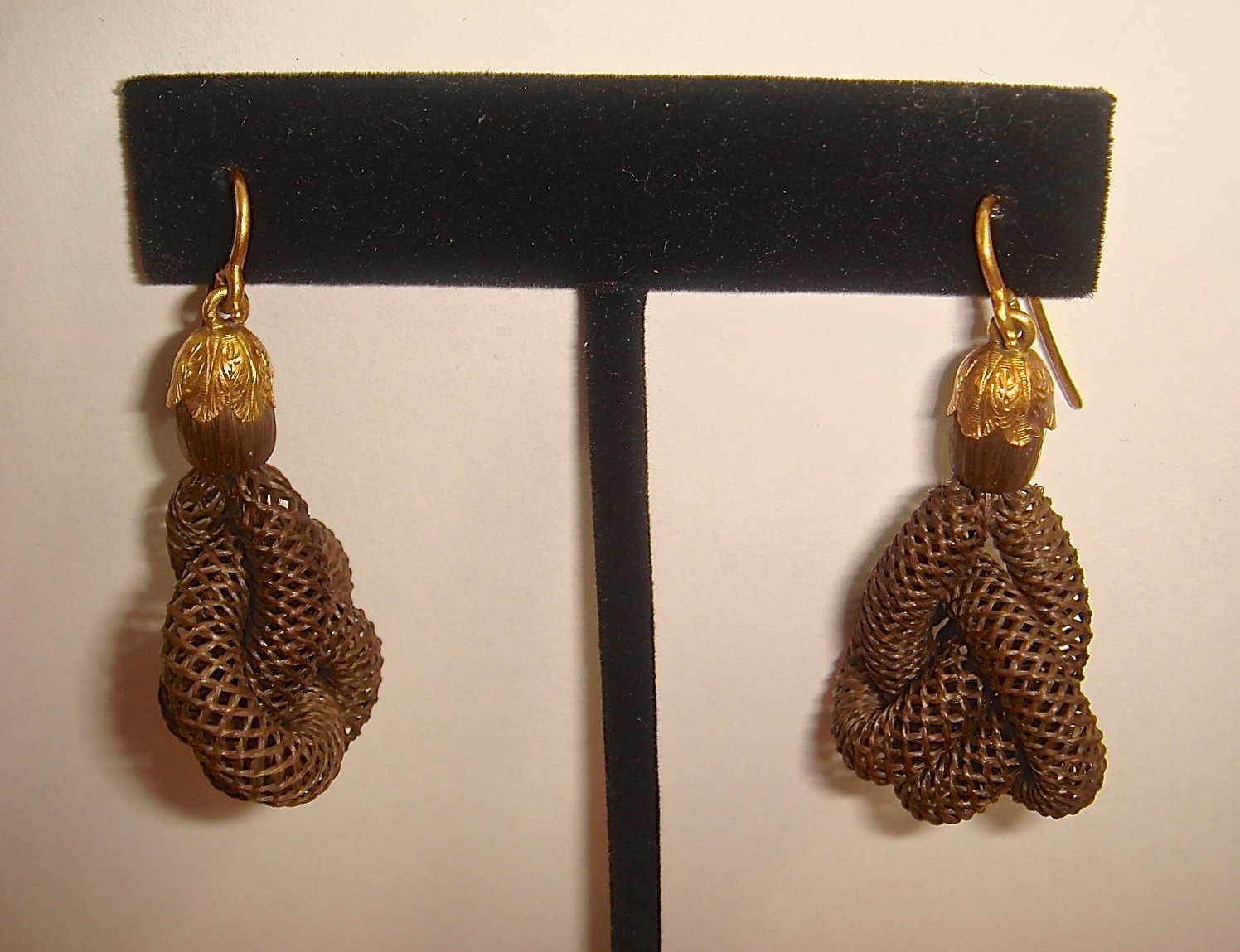 Antique Victorian Mourning Twisted Hair Earrings. Museum Quality Woven Hair and 14K Gold Sentiment Earrings. Victorian Hair Jewelry England