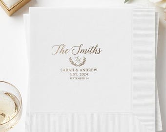 Servilletas de boda personalizadas / Decoración de boda personalizada con estampado dorado / Servilletas blancas suaves de 3 capas para bebidas y almuerzos / Juego de 50 o 100 unidades