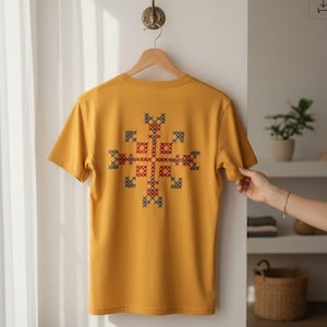 Puede incluir: Camiseta de color amarillo mostaza con un diseño de punto de cruz en la espalda. El diseño presenta formas geométricas rojas, azules y amarillas. La camiseta está colgada en una percha de madera.