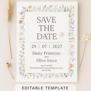 Plantilla floral editable para guardar la fecha – Descarga digital para bodas – Tarjeta imprimible para guardar la fecha – Descarga instantánea